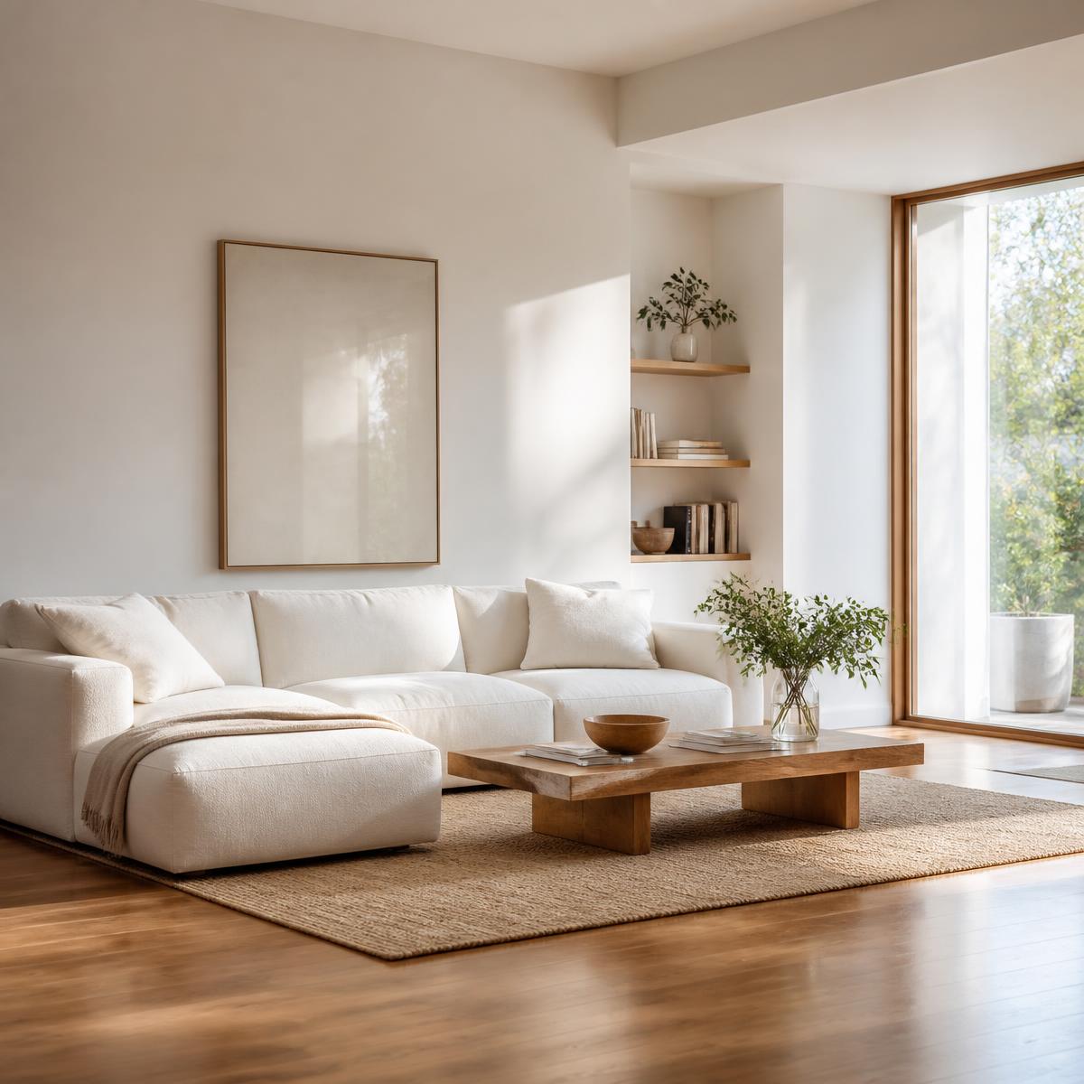 Sunlit, spotless living room with white linen sofa and polished wood floors